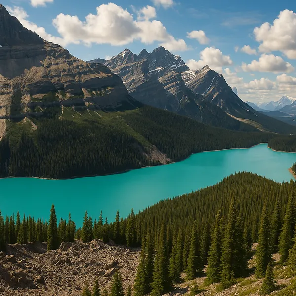 Discover a puzzle with a turquoise mountain lake cradled by dense evergreen forests and rugged, snow-dusted peaks beneath a bright blue sky dotted with fluffy c