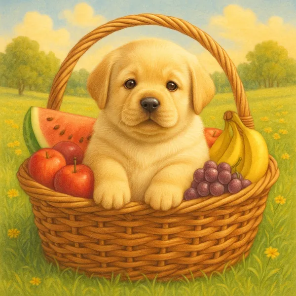 Discover a puzzle with an adorable golden Labrador puppy nestled inside a woven picnic basket surrounded by bright summer fruit — watermelon, apples, bananas an