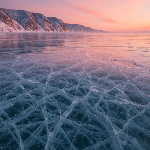 Discover a puzzle with a sweeping winter landscape: a glassy frozen lake etched with delicate, crystalline cracks in the foreground, leading the eye toward snow