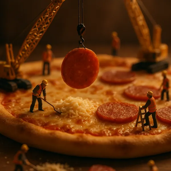 Discover a puzzle with a whimsical close-up of miniature construction workers carefully arranging pepperoni and cheese on a steaming pizza.