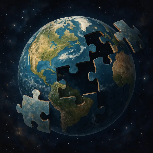 Discover a puzzle with a striking image of Earth rendered as a giant jigsaw globe—several large puzzle pieces appear to float away, revealing the deep blue ocea