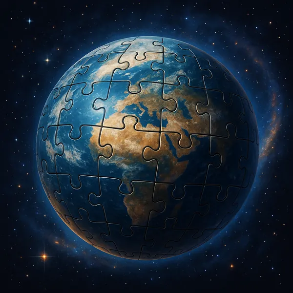 Enjoy assembling a puzzle depicting a jigsaw-style Earth floating in deep space, its continents rendered in warm gold-browns and oceans in rich blues and navy.