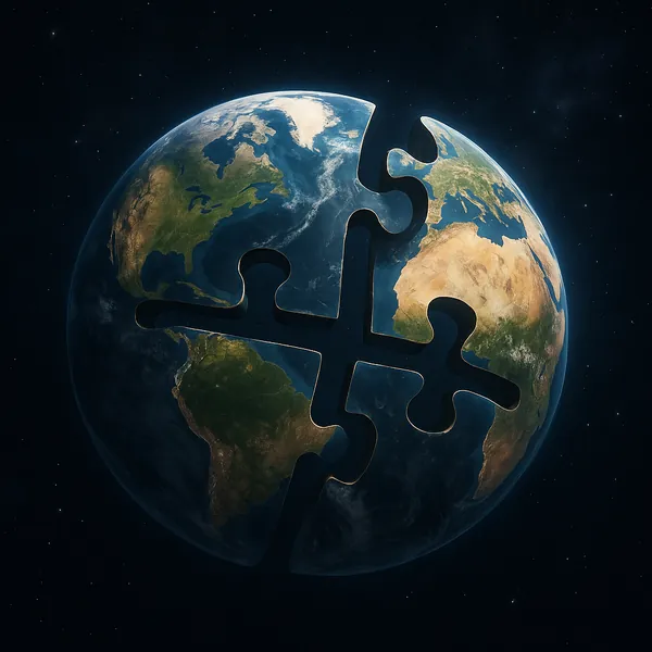 Discover a puzzle with a striking image of Earth in space carved like a giant jigsaw, where continental blues, greens, and sandy browns are framed by deep, star