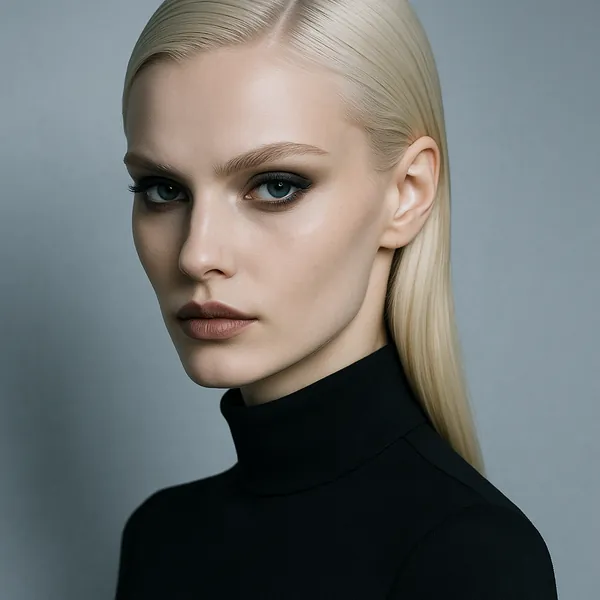 Discover a puzzle with a close-up portrait of a poised woman in a sleek black turtleneck against a soft gray backdrop.