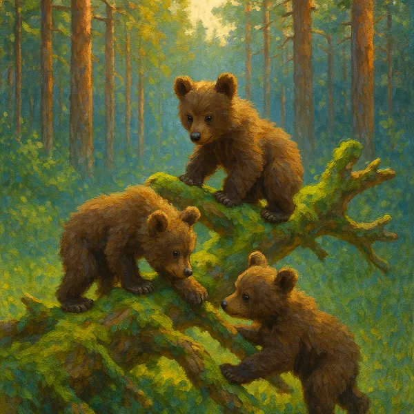 Discover a puzzle with three playful bear cubs exploring a mossy fallen log in a sun-dappled forest.