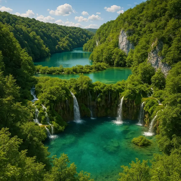 Discover a puzzle with a serene mountain landscape showing cascading waterfalls spilling into crystal‑clear turquoise lakes surrounded by lush, sunlit green for
