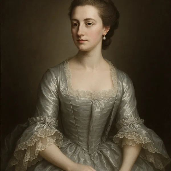 Enjoy assembling a puzzle depicting a graceful classical portrait of a woman in a silvery-blue silk gown detailed with delicate lace and soft ruffles.