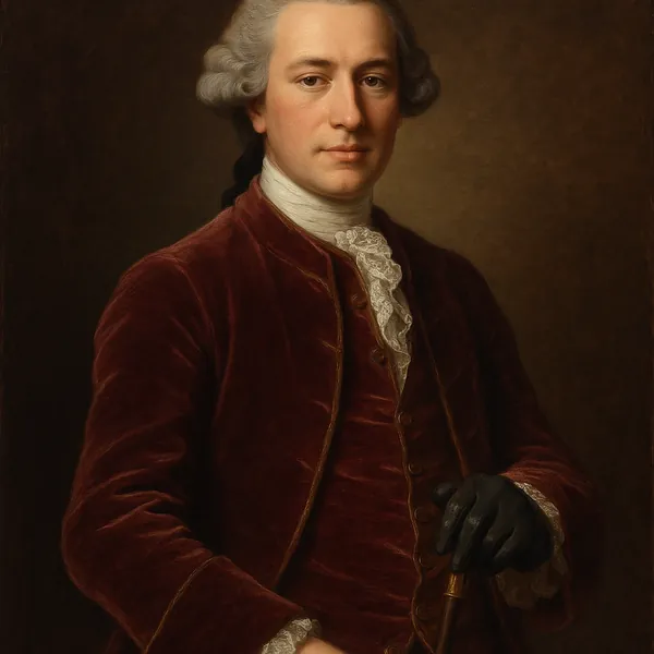Discover a puzzle with a refined classical portrait of a gentleman in a deep burgundy velvet coat, creamy lace cravat, and a gloved hand resting on a cane.