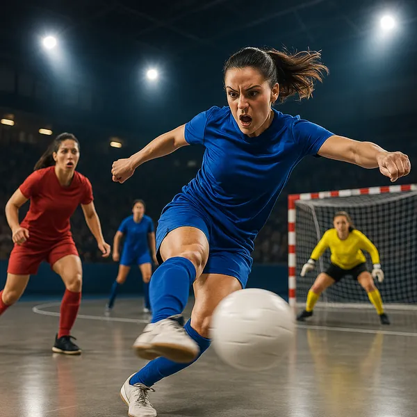 Enjoy assembling a puzzle depicting an intense indoor soccer moment as a determined player in a vivid blue kit strikes the ball toward goal.