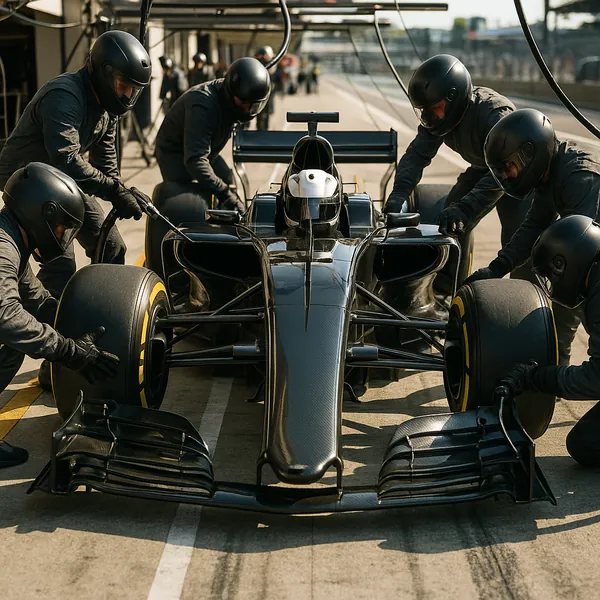 Discover a puzzle with a dramatic pit-stop scene: a sleek matte-black race car surrounded by a focused crew in dark helmets, hands on tires and tools.