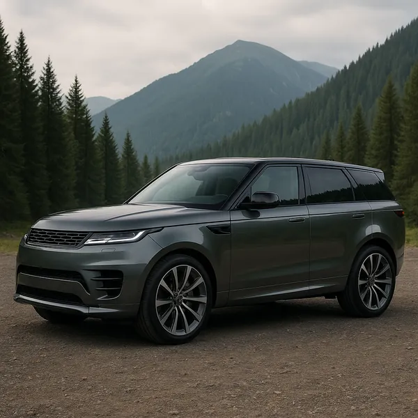 Discover a puzzle with a sleek SUV parked on a dirt roadside in a misty mountain valley, framed by tall evergreen trees and rolling forested peaks.