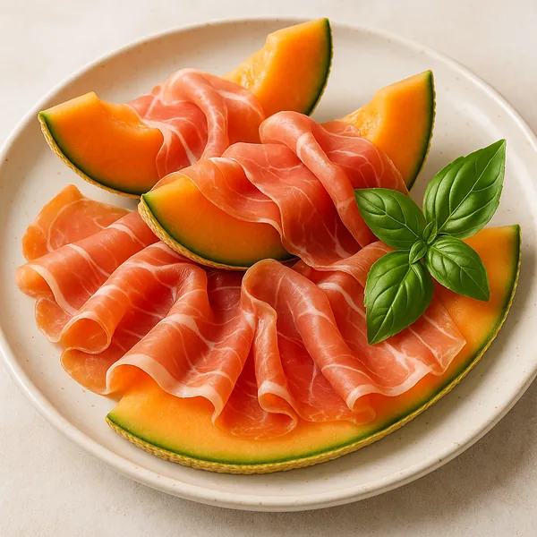 Discover a puzzle with a delicious food still life showing ripe cantaloupe wedges wrapped in thin, rosy prosciutto and topped with fresh green basil on a simple