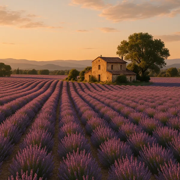 Discover a puzzle with a sunlit lavender field stretching in neat purple rows toward a rustic country house beneath a lone tree.