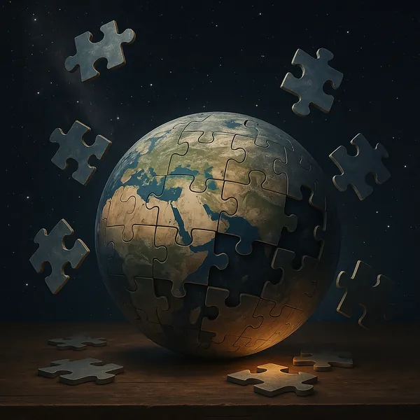 Enjoy assembling a puzzle depicting a jigsaw-built globe floating against a starry space backdrop.