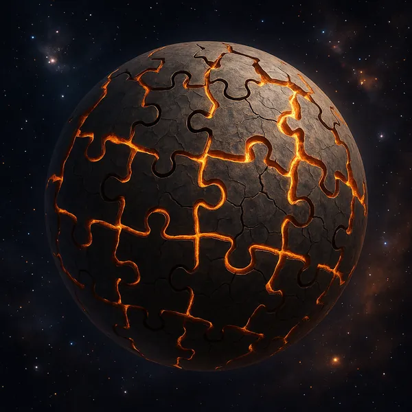 Discover a puzzle with a striking cosmic sphere formed from interlocking jigsaw-shaped plates, cracked dark stone revealing molten orange lava glowing along eac