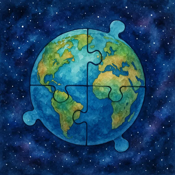 Discover a puzzle with a watercolor globe rendered as four gently interlocking jigsaw pieces floating against a deep, star-speckled space background.