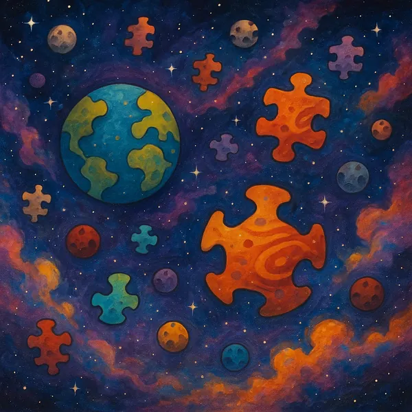 Discover a puzzle with a whimsical cosmic scene from PuzzleFree.Game featuring planets and giant, colorful jigsaw pieces drifting through a starry nebula.