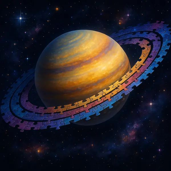 Discover a puzzle with a dreamy, otherworldly scene: a warm golden-orange planet with soft, swirling bands set against a deep starry space, its rings cleverly f