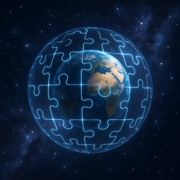 Discover a puzzle with a glowing jigsaw shell wrapped around a realistic Earth floating in deep space, where rich navy and black starfields meet warm browns and