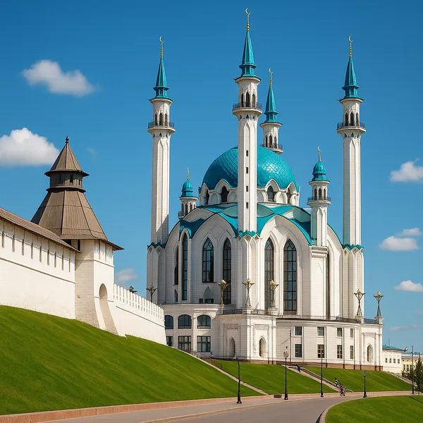 Discover a puzzle with a sunlit mosque framed by vivid turquoise domes and tall white minarets against a clear blue sky, set beside a sloping green lawn and his
