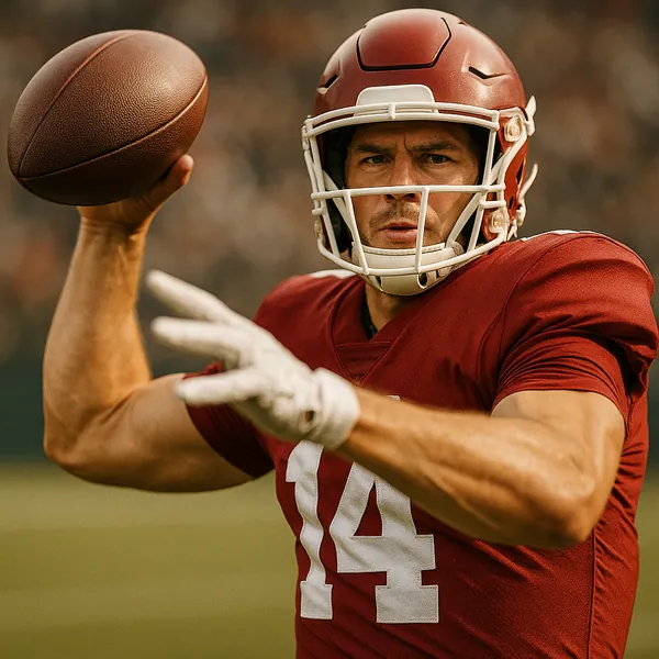 Enjoy assembling a puzzle depicting a focused football player in a red jersey and helmet mid-throw, the rich reds and warm skin tones contrasting with the textu