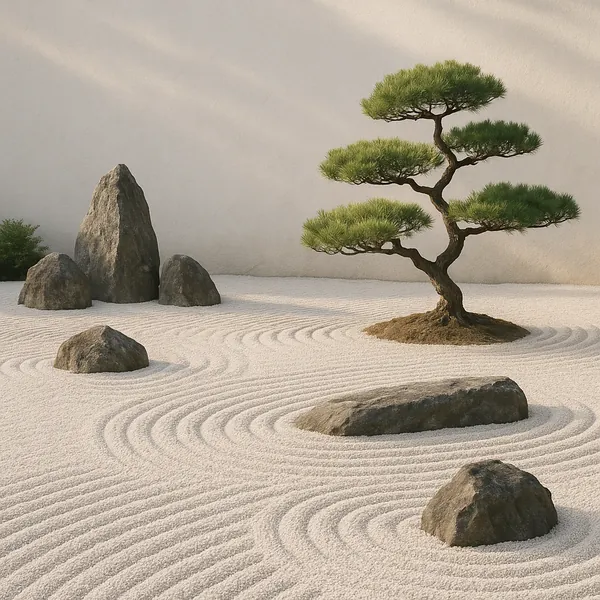 Enjoy assembling a puzzle depicting a serene Japanese rock garden with a sculpted bonsai tree, smooth dark stones, and carefully raked white sand.