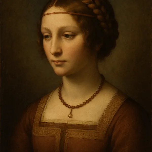 Discover a puzzle with a softly lit, classical portrait of a young woman in warm browns and golds, her braided hair and simple bead necklace rendered in gentle,