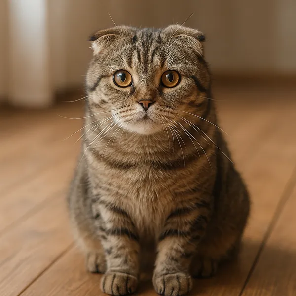 Enjoy assembling a puzzle depicting an adorable tabby cat with folded ears and big amber eyes, sitting on warm wooden floorboards.