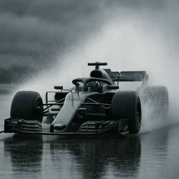 Discover a puzzle with a sleek Formula race car tearing through a rain-soaked track, water spraying in dramatic arcs around its low, aerodynamic silhouette.