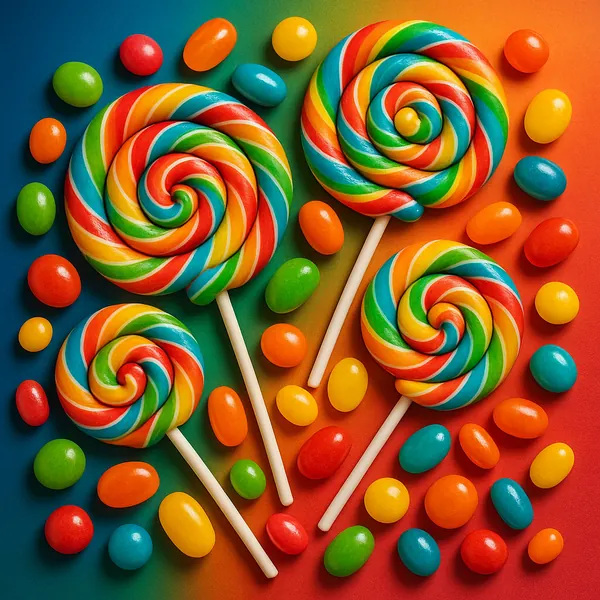 Enjoy assembling a puzzle depicting a joyful spread of rainbow swirl lollipops and glossy candy pieces arranged on a warm, gradient background.