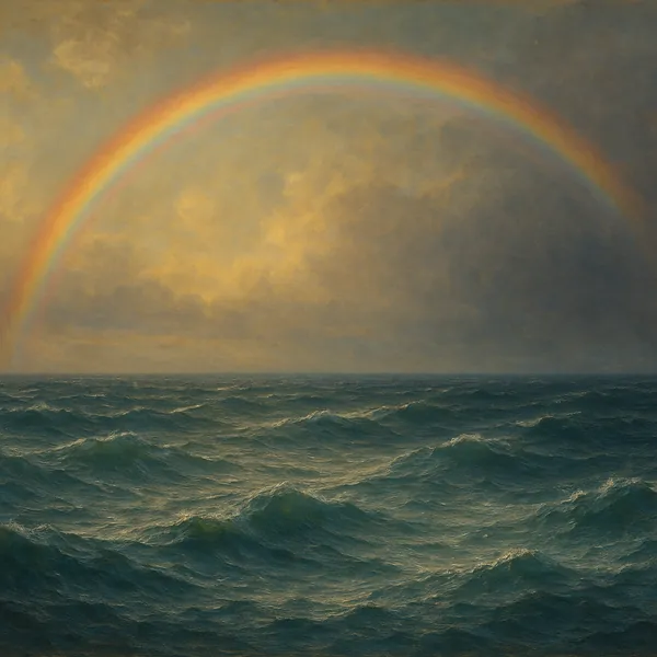 Try solving a puzzle that shows a sweeping ocean scene beneath a soft, golden sky crowned by a vivid rainbow.