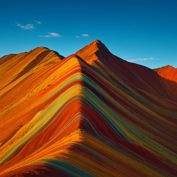 Discover a puzzle with a striking, multicolored mountain ridge showing vivid bands of red, orange, yellow, teal, and deep blue under a clear sky — a bold landsc