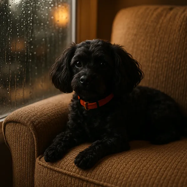Enjoy assembling a puzzle depicting a small black dog with soulful eyes curled on a warm caramel armchair next to a rain-speckled window.