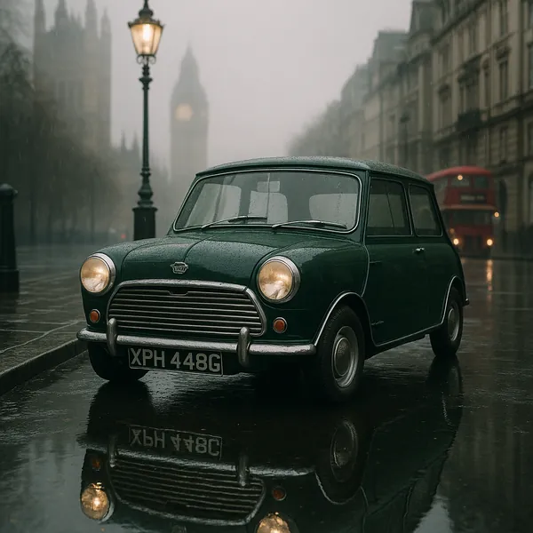 Discover a puzzle with a classic green Mini parked on a rain-slick London street, its headlights glowing softly and mirrored in puddles below.