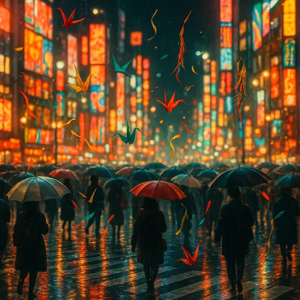 Discover a puzzle with a rain-soaked city street at night, where a crowd of silhouetted figures stroll beneath umbrellas amid shimmering reflections.