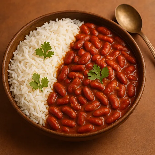 Discover a puzzle with a cozy bowl of white rice paired with rich red beans in a glossy tomato sauce, topped with bright cilantro leaves.