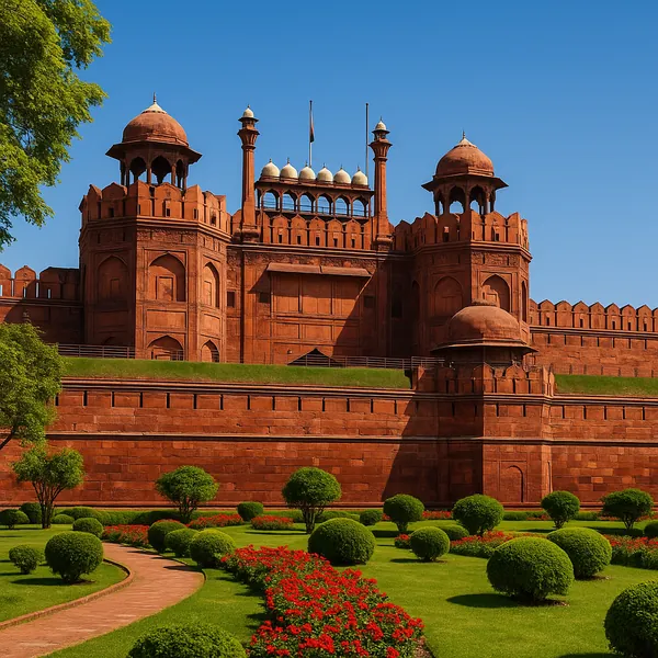 Discover a puzzle with a sunlit view of a grand red sandstone fort rising above neatly trimmed green lawns and bright red flowerbeds.