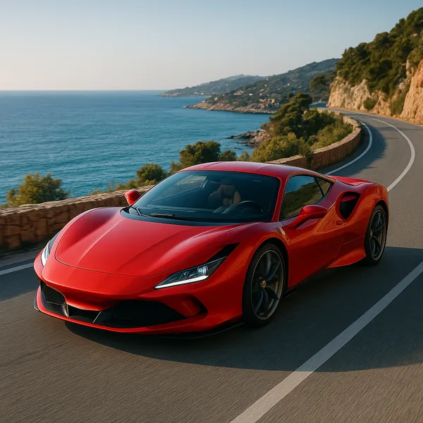 Discover a puzzle with a sleek red sports car speeding along a winding coastal road beside a sparkling blue sea.
