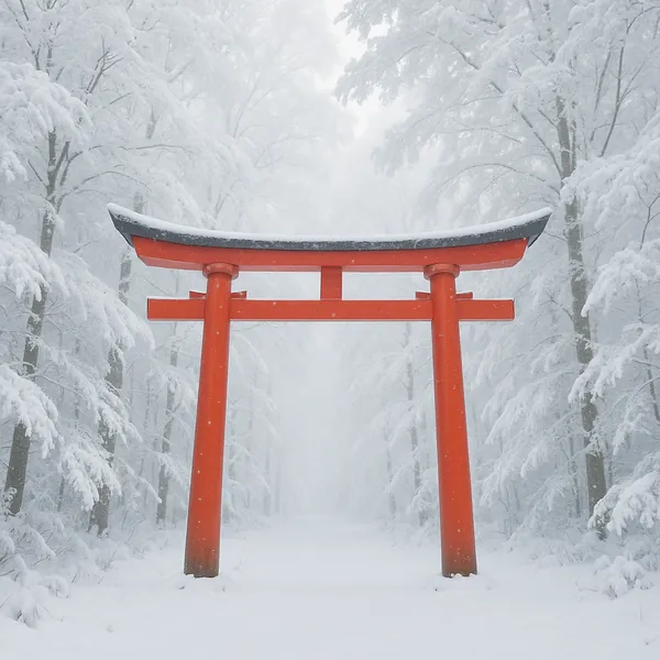 Discover a puzzle with a bright red torii gate standing amid a silent, snow‑clad forest — vivid vermilion contrasts beautifully against soft whites and cool gra