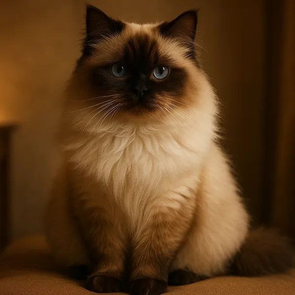 Enjoy assembling a puzzle depicting a fluffy blue-eyed cat bathed in warm, golden light.