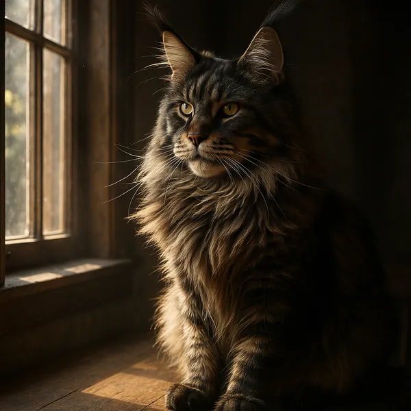 Discover a puzzle with a regal long-haired tabby cat sitting by a sunlit window, its golden eyes and luxurious fur caught in warm amber light.