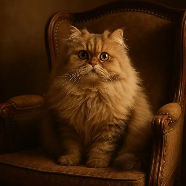 Discover a puzzle with a regal, long-haired ginger cat perched on a vintage upholstered armchair, bathed in warm golden-brown tones and soft, moody lighting.