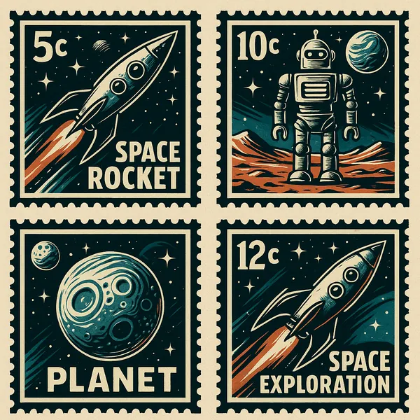 Enjoy assembling a puzzle depicting four vintage-style space postage stamps: two rockets blazing orange trails, a retro robot standing on a rust-colored alien p