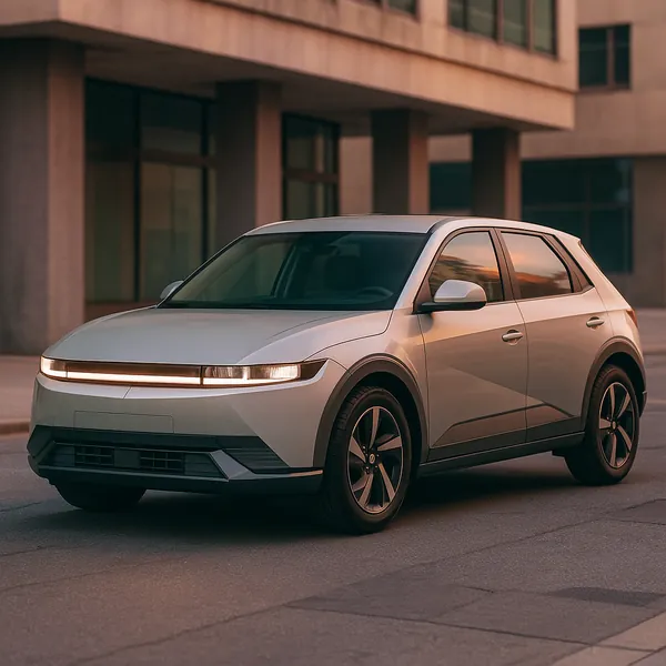 Discover a puzzle with a sleek silver electric crossover parked on a quiet urban street at golden hour.