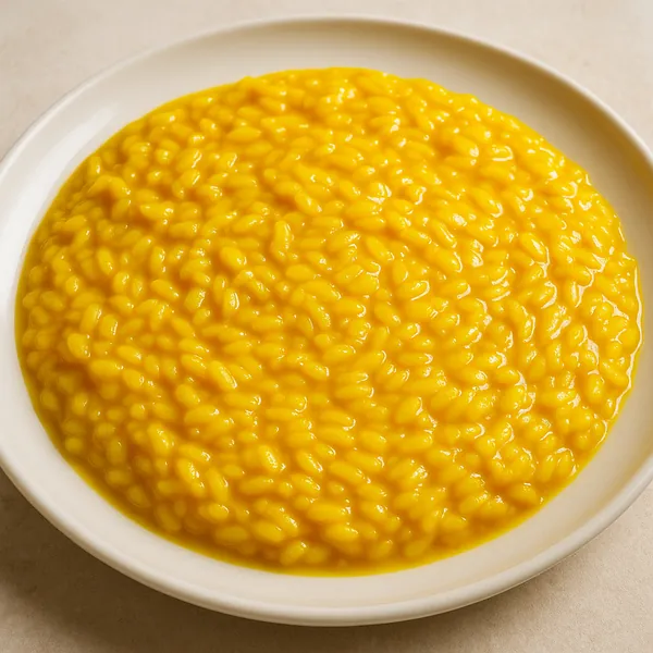 Enjoy assembling a puzzle depicting a close-up of a creamy, golden-yellow risotto plated on a simple white dish.