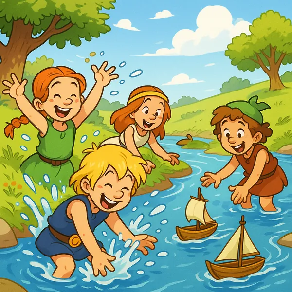 Enjoy assembling a puzzle depicting four cheerful children playing with wooden sailboats in a sunlit stream surrounded by green hills and leafy trees.