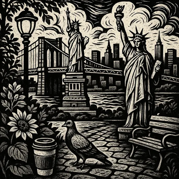 Discover a puzzle with a striking black-and-white woodcut scene of the Statue of Liberty and a skyline framed by the Brooklyn Bridge.