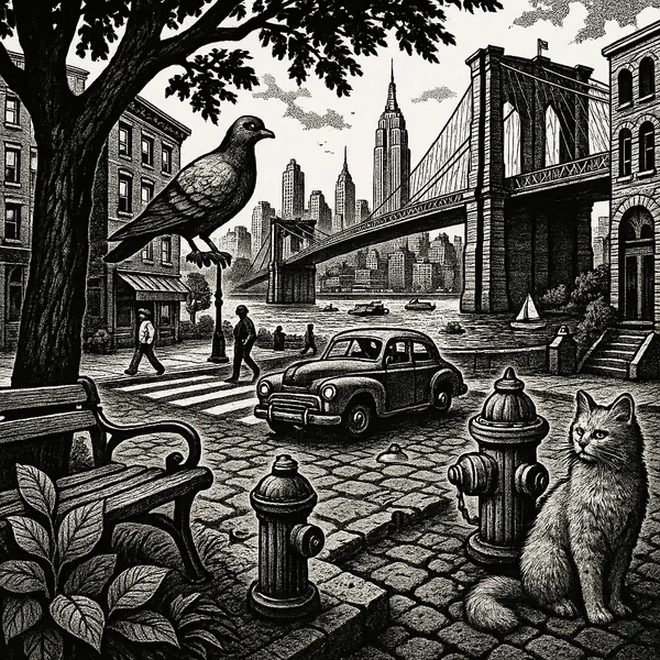 Discover a puzzle with a detailed black-and-white cityscape showing a peaceful riverside scene beneath a grand suspension bridge, vintage car and skyline in the