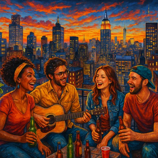 Discover a puzzle with a warm rooftop scene of friends singing and laughing against a glowing city skyline at sunset.