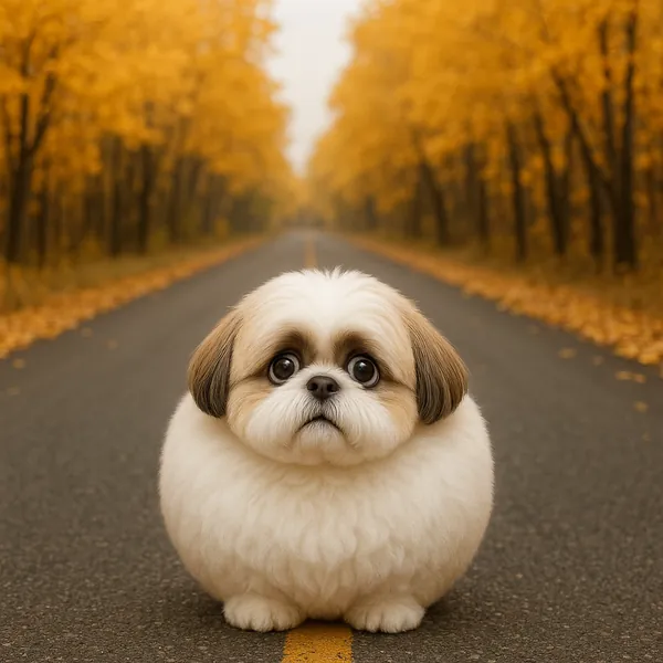 Try solving a puzzle that shows an adorable, round little dog sitting on a quiet road framed by golden autumn trees.